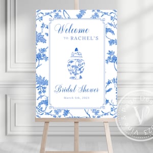 Franse toile vrijgezellenfeest welkomstbordsjabloon, iets blauws, stoffig blauw vrijgezellenfeest met chinoiserie-gemberpotje, 105-6