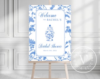 French Toile Bridal Shower Welcome Sign Template, Something Blue, Dusty Blue Bridal Shower with Chinoiserie Ginger Jar Detail, 105-6