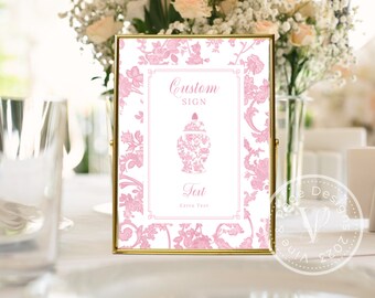 Pink French Toile Custom Sign Template, Floral Bridal Shower Signs with Chinoiserie Ginger Jar Detail, 234-4