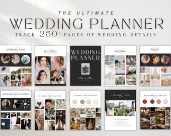 May include: A wedding planner with a black and white cover, featuring the text "THE ULTIMATE WEDDING PLANNER" and "TRACK 250+ PAGES OF WEDDING DETAILS." The planner includes sections for bridesmaids, wedding details, and photography, with photo collages.