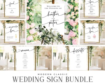 May include: A set of printable wedding signs with a modern calligraphy font. The signs include "Food", "Mimosa Bar", "The Menu", "Desserts", "The Bar", "Sundaes Bar", and a welcome sign with the names "Heather and Peter".