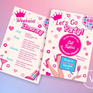 Doll Bachelorette Party Invitation and Itinerary Template, Bachelorette Weekend Invite, Malibu Barb Pink Hens Party Canva Template