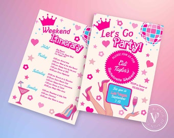 Malibu Barb Pink Bachelorette Party Invitation & Itinerary (Canva Template)