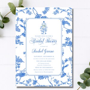 Dusty Blue Toile Bridal Shower Invitation: Chinoiserie Ginger Jar (Digital Download)
