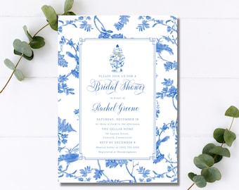 Invitación para despedida de soltera en toile azul polvoriento: Tarro de jengibre chinoiserie (descarga digital)
