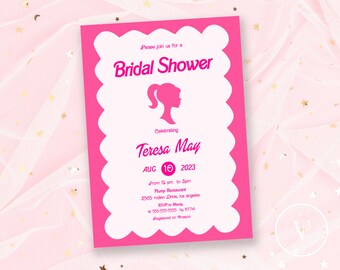 May include: Pink bridal shower invitation with a white border and a silhouette of a woman with long hair. The invitation says "Please join us for a Bridal Shower Celebrating Teresa May AUG 10 2023 From 12 pm to 8pm Plump Restaurant 2565 rodeo Drive, los angeles RSVP to Mandy 555-555-5555 by 67/14 Regatered on Amazon"