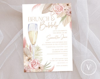 Brunch floral moderne et modèle d'invitation de douche nuptiale pétillante, avec roses blush roses, thème brunch et pétillant - 254