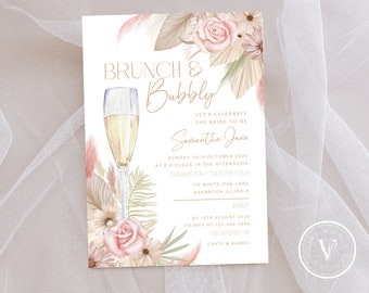 May include: A floral-themed invitation for a brunch and bubbly celebration for Samantha Jane. The invitation features a glass of champagne, pink roses, and palm leaves. The event is scheduled for Sunday, October 14th, 2026 at 2:00 PM at Oakbrook Country Club in Oakbrook, Illinois. RSVP by August 14th, 2023.