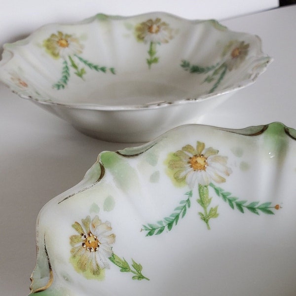 c1870-1917 R S Prussia | Prusy Пруссия Daisy Berry Bowls 4.5" 2pc Old World Imperial Russo-ethnic NOT Modern Russian Gold-color hand-painted