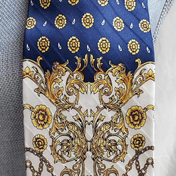 Vtg Laurent Benson PARIS Rococo Baroque French 100 Silk Necktie Menswear Versace Dior YSL Gucci Moschino Haute Couture Designer Blue Gold