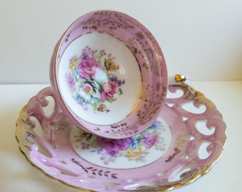 c1910 tasse à thé japonaise 3 pieds lustré avec soucoupe réticulée motif floral rose édouardien fête des mères printemps cottagecore shabby chic