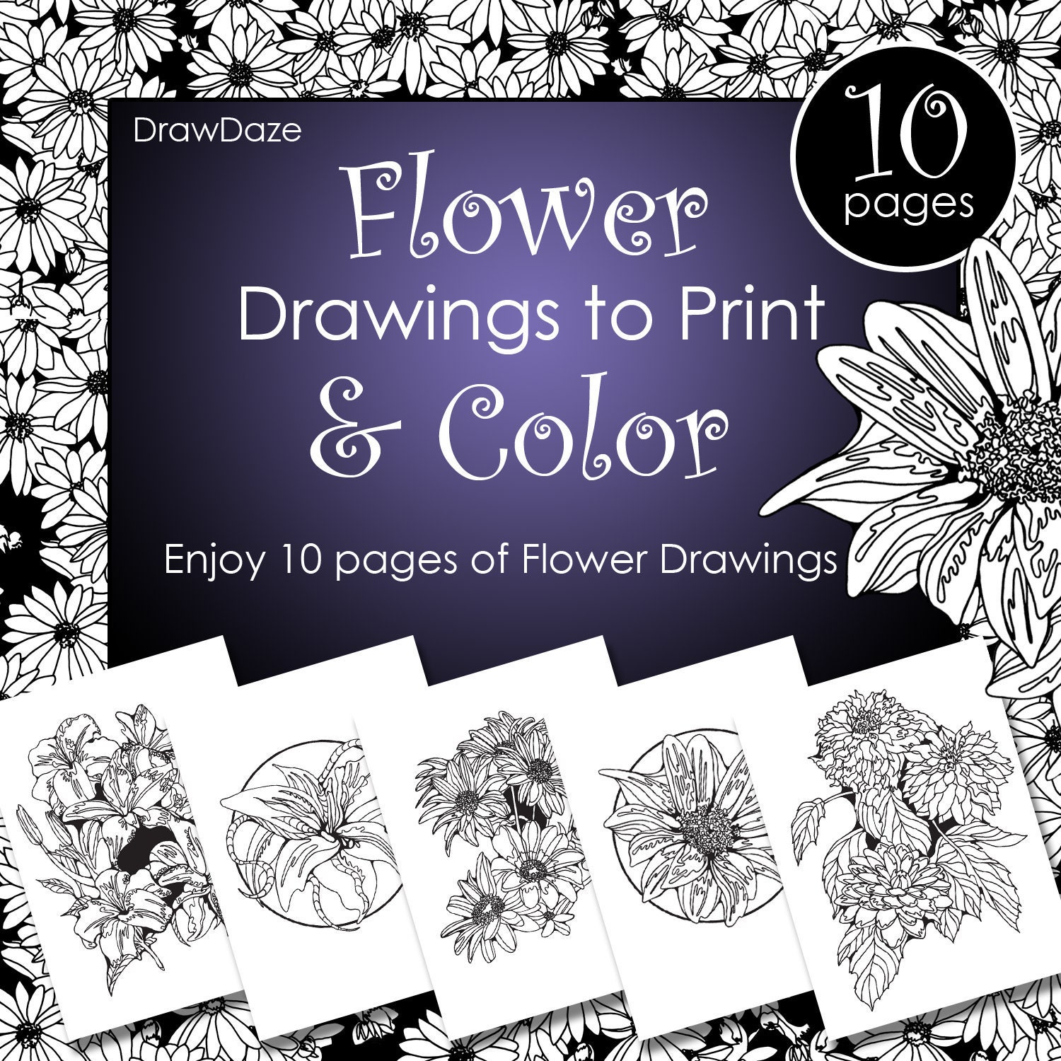 10 Pages of Flower Drawings to Print and Colour - Etsy