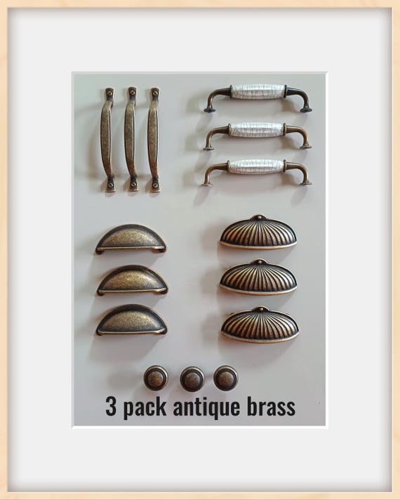 3 Antique Brass Handles, bow, cup, knob for kitchen and cabinet