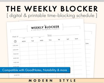 Op de afbeelding: Een zwart-witte printbare wekelijkse tijdblockeringsschema-sjabloon met de titel "The Weekly Blocker" en de tekst "Compatibel met GoodNotes, Notability & more". De sjabloon is ontworpen voor gebruik met digitale notitie-apps en bevat een sectie voor dagelijkse taken en een sectie voor wekelijkse doelen.