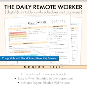May include: A printable daily planner for remote workers. The planner is designed to help organize your day with sections for work tasks, personal care, and a daily schedule. The planner is compatible with GoodNotes, Notability, and more. The planner is available in portrait and landscape layouts and is scalable to any paper size. The planner also includes a digital editable PDF version.