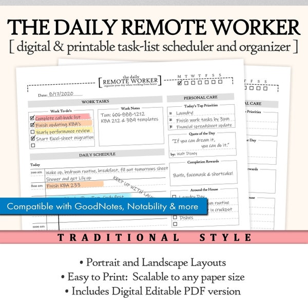 Daily schedule, planner, organizer, agenda, time block, remote work, schedule, printable, letter, editable PDF, notability, good notes, home