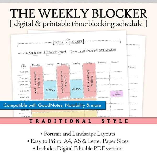 Weekly schedule, planner, organizer, agenda, pages, time block, block schedule, calendar, plan, printable, letter, editable PDF