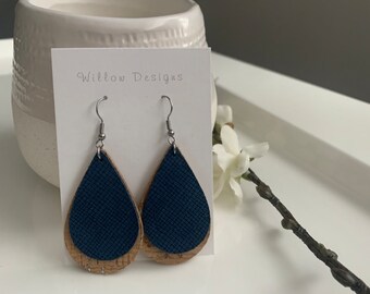 Genuine Leather Earrings, Teardrop Earrings, Cork Earrings, Leather Earrings, Lightweight Earrings