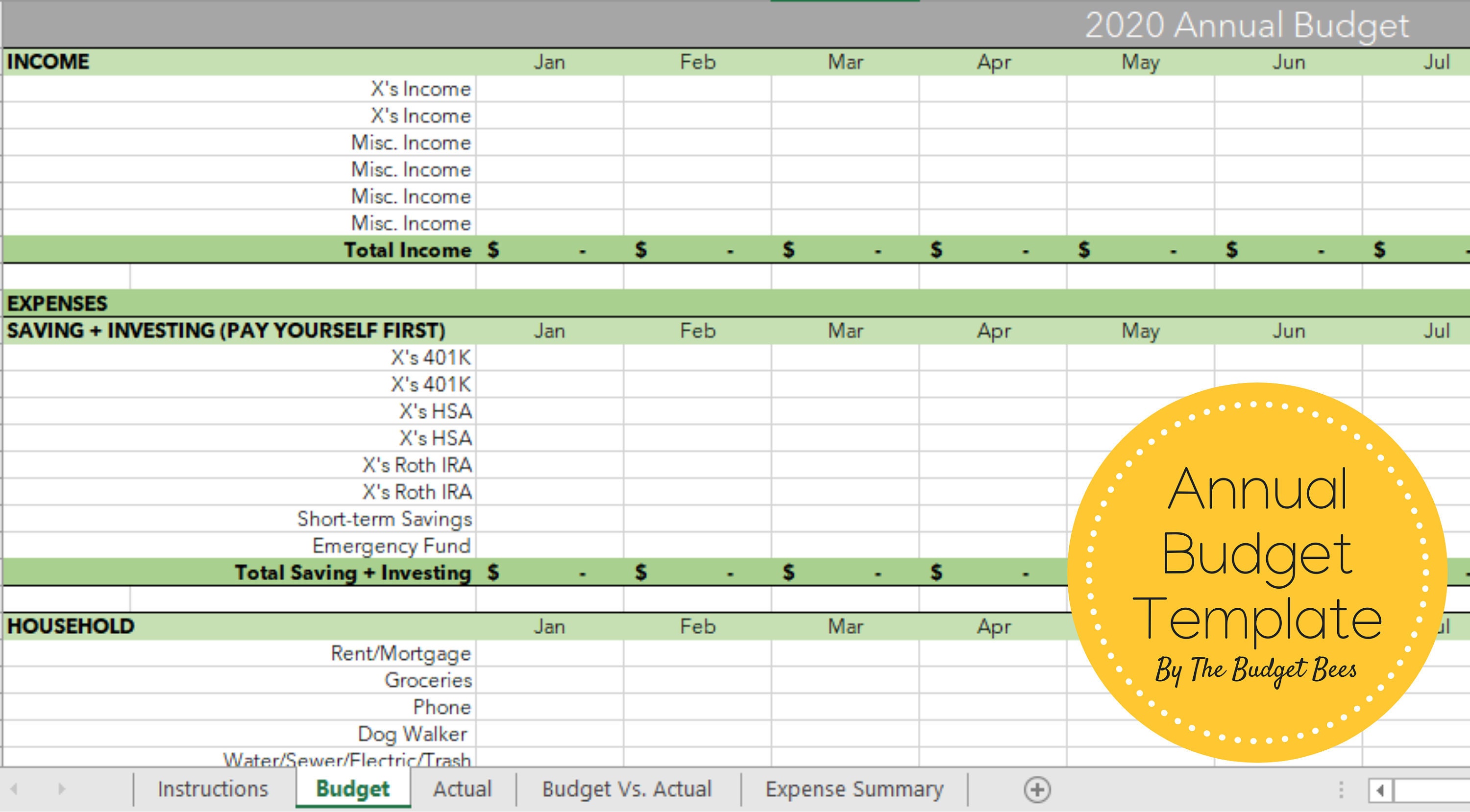 Annual Budget Template Includes Actual Vs. Budget Comparison and