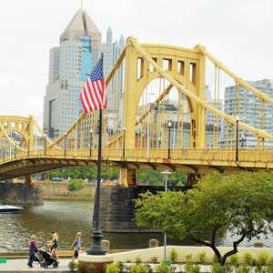 Roberto Clemente bridge with American flag