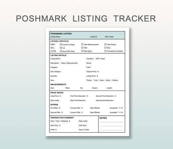 poshmark listing tracker poshmark organizer poshmark planner poshmark tracking sheet poshmark tracking