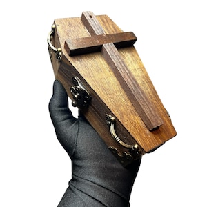 Handcrafted Wooden Coffin Box with Cross – Gothic Jewelry Storage, Vampire coffin, Halloween Decor