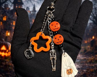 Halloween Ghost Charm, Spooky Skeleton Pumpkin Bag Accessory, Gothic Phone Keychain
