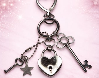 Silver Heart Keychain Charm | Gothic Purse Charm | Coquette Goth Accessories |  Bag Charm | purse accessories| heart shaped locket.