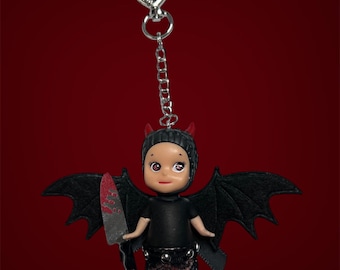 Goth Devil Angel Keychain | Cute Horror Kawaii Doll Charm | Bat Wing Mini Figure Keyring | Dark Aesthetic Accessory | Creepy Cute Gift