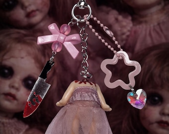 Headless Doll Keychain | Creepy Cute Kawaii Charm | Pink Horror Aesthetic Keyring | Pastel Goth Accessory | Knife & Bow Decor Keychain