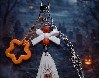 Halloween Ghost Keychain Charm, Spooky Cute Bag Charm, Pumpkin Ghost Keyring, Gothic Phone Charm, Purse Accessory, Creepy Cute Gift