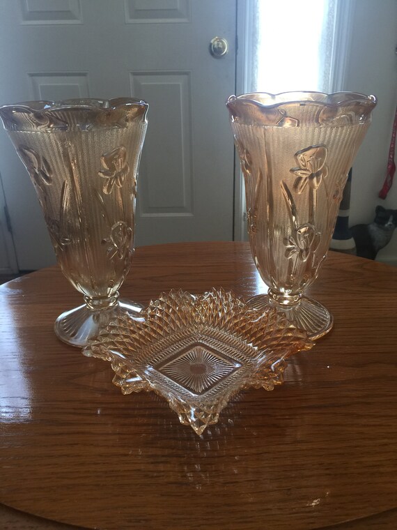 Vintage Peach Carnival Glass Vases And Candy Dish Etsy
