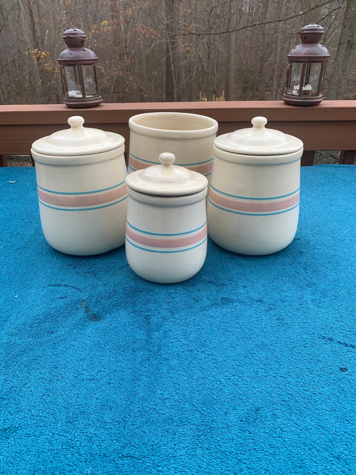 Vintage 1970s McCoy Pink & Blue Striped Canister Set Etsy