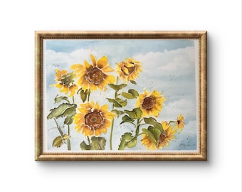 Sunflower Field Watercolor Art Print, Signed Open Edition