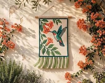 Hummingbird Crochet Pattern, Trumpet Vine Tapestry Wall Art, Floral Bird Home Decor, Boho Cottagecore