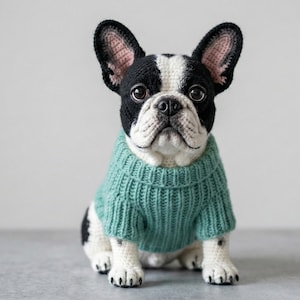 May include: A crocheted French Bulldog figurine, black and white with a teal sweater. The dog is sitting, facing forward, with its ears perked up. The background is a solid, light gray.
