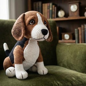 Könnte beinhalten: Ein handgehäkelter Beagle-Hund mit braunen, schwarzen und weißen Details sitzt auf einem grünen Samtsessel. Das Plüschtier hat Schlappohren und eine schwarze Nase. Der Hintergrund umfasst ein Bücherregal und ein Fenster.