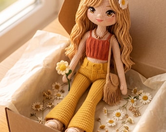 Puppe Häkelanleitung Amigurumi PDF Retro 70er Jahre Boho Hippie Fashion Blonde Daisy Flare Sunshine