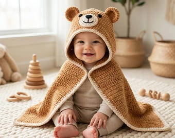 May include: A tan crochet hooded blanket featuring a bear face design on the hood with small rounded ears, a white muzzle, and a black stitched nose and mouth. The blanket has a cream-colored border and is worn over a long-sleeved beige outfit.