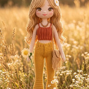 May include: A handmade crochet doll with long blonde hair, sunglasses, and a flower in her hair. She wears a rust-colored crop top, mustard yellow bell-bottom pants, and a fringed purse. The doll is holding a crochet flower and stands in a field of wildflowers.