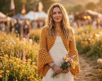 Crocodile Stitch Boho Häkelanleitung Bolero mit Trompetenärmel Festival Shrug Sommer Top PDF