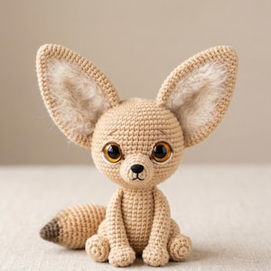May include: A tan crocheted Fennec fox toy with large ears lined with fluffy material and big eyes. The fox has a small, dark nose and a curled tail with a darker tip. The handmade stuffed animal is sitting upright.