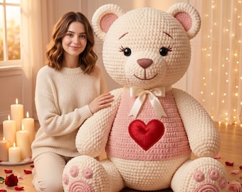 Lebensgroßer Sweetheart Bear Häkelanleitung, PDF, Valentine Amigurumi Teddybär, 1,2 m Plüschtier