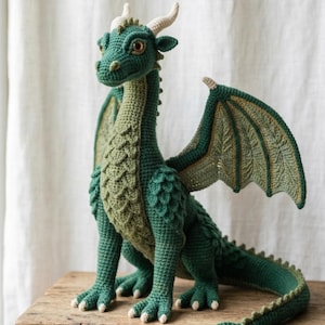 May include: A handcrafted, green crochet dragon with detailed scales, wings, and horns. The dragon is sitting on a wooden surface. The dragon's wings have a lighter green and tan color. The dragon is a fantasy-themed item.