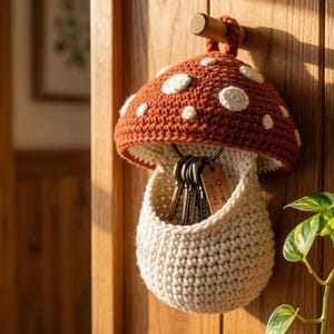 Puede incluir: Un llavero artesanal en forma de seta, tejido a ganchillo en tonos marrón y crema, con lunares blancos en el sombrero. El llavero está colgado de una puerta de madera, con llaves y una pequeña etiqueta en su interior. Una planta en maceta en el fondo.