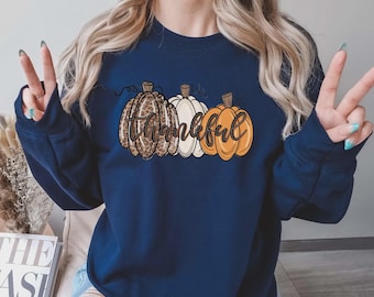 Thankful Sweatshirt, Thanksgiving Sweatshirt, Leopard Pumpkin Shirt, Pumpkin Season Sweater, Thankful Lover Sweater, Women's Winter Sweater
