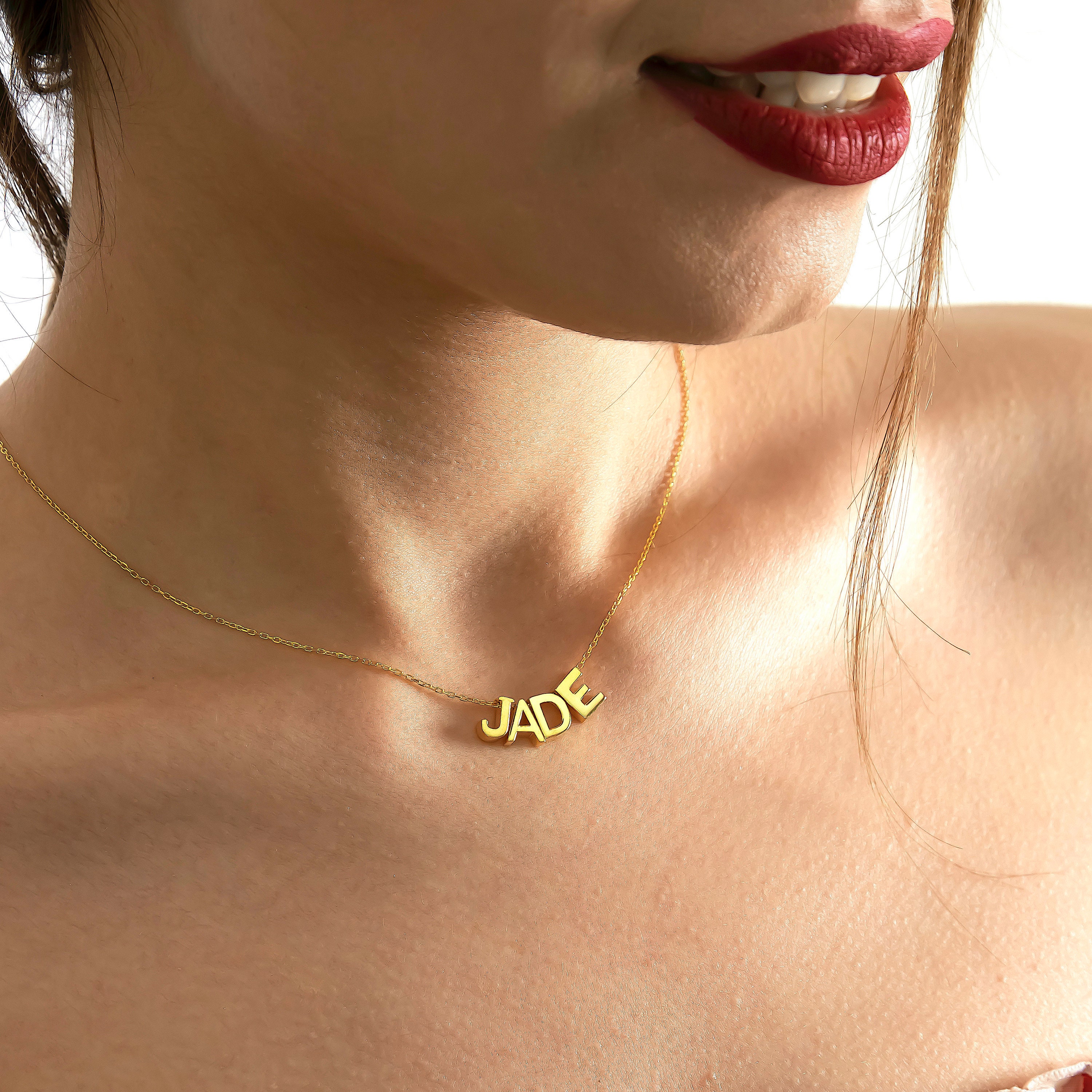 14k Gold 3D Initial Necklace Solid Gold Name Necklace Rose Etsy