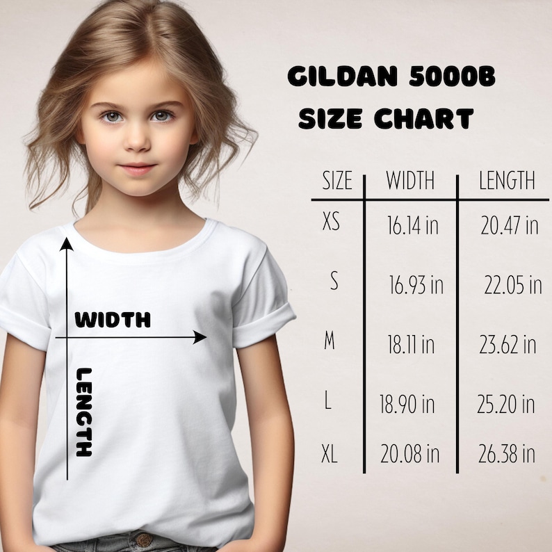 Puede incluir: Tabla de tallas Gildan 5000B para camisetas. La tabla muestra el ancho y la longitud en pulgadas para las tallas XS, S, M, L y XL.