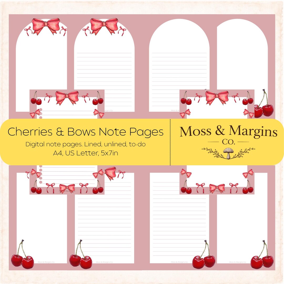 Cherries and Bows Printable Notes and To-do Lists | 5x7, A4, US Letter ...