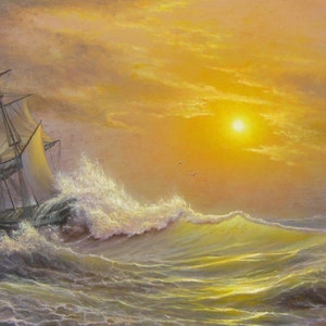 Custom Seascape Oil Painting on Canvas: Realistic Ship Art (28x47)